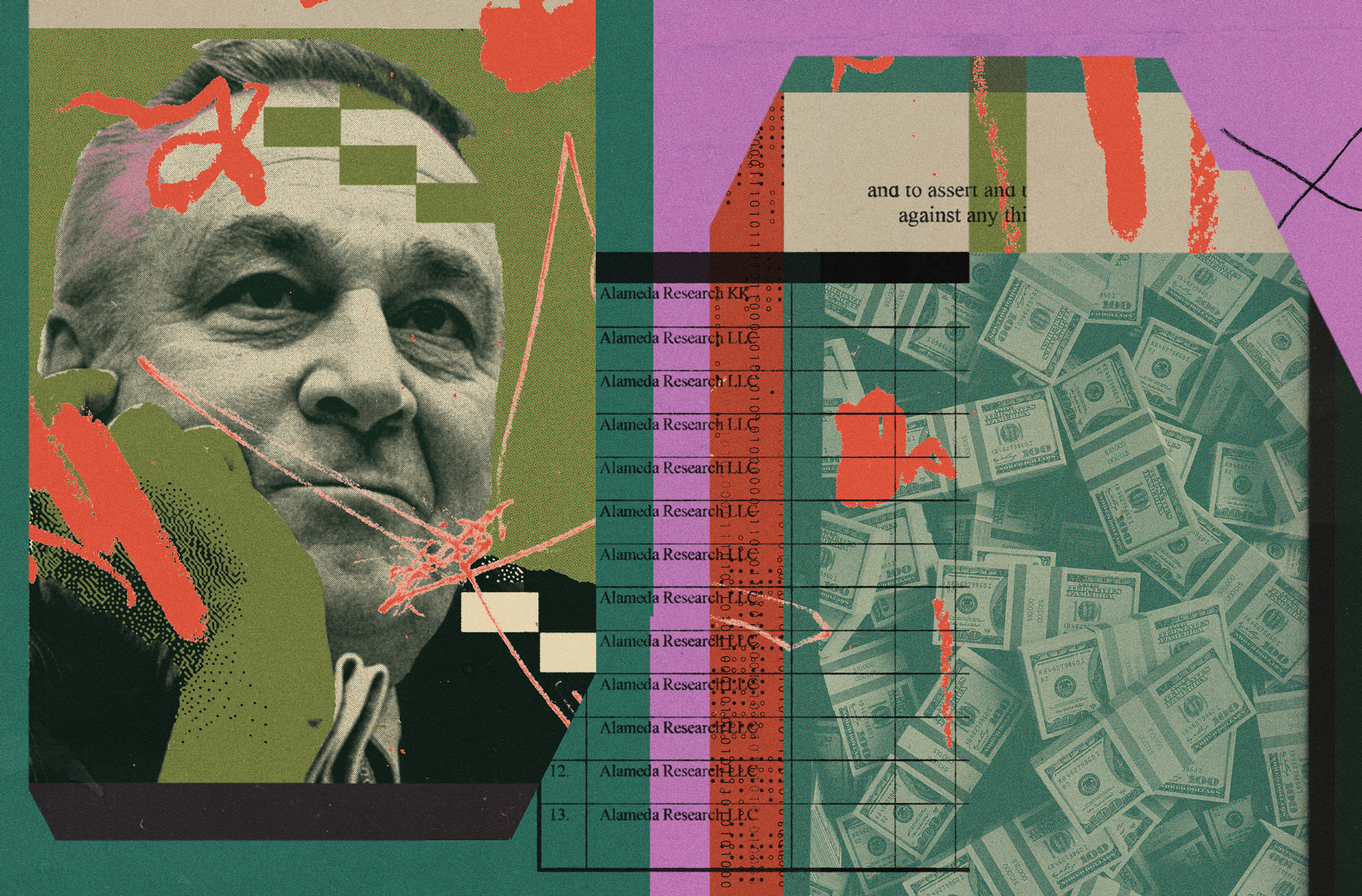 A collage centering John J. Ray III. Ray is has graying hair and is surrouned by scribbles chart tables that read "Alameda Research LLC" and countless bundles of hundred dollar bills.