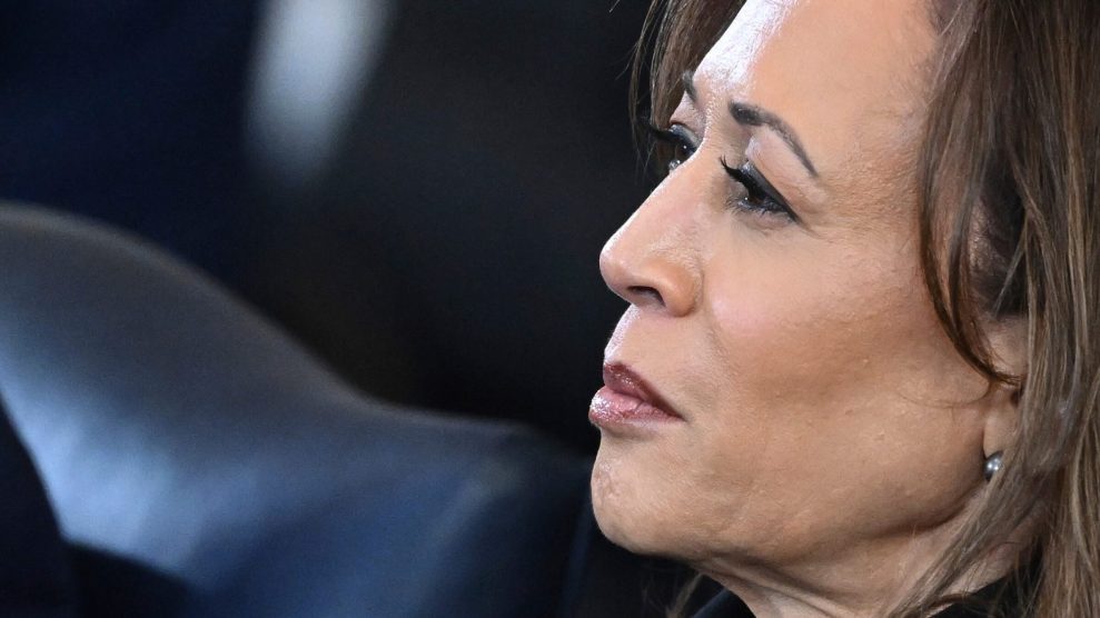 A close-up of former Vice President Kamala Harris's face as she looks stoically ahead during President Donald Trump's second inauguration.