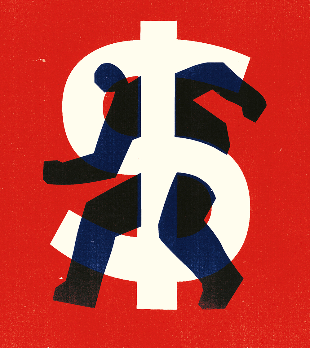 Silhouette of a person walking is entangled and trapped in a dollar sign.