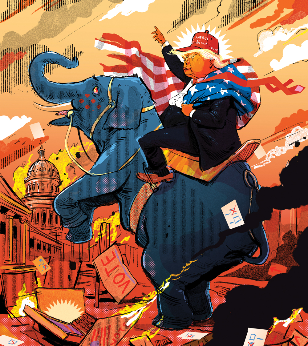 Illustration of Trump as Napoleon — he has wrapped himself in an American flag, and sits in a saddle atop a rearing elephant; scattered on the ground are election ballots and voting booth, and in the distance Washinghton D.C. is engulfed in flames.
