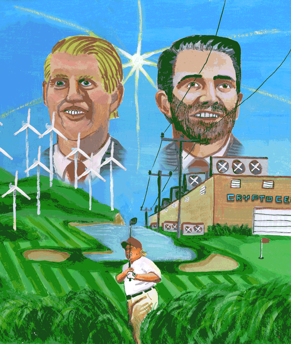 A movie poster-esque illustration of Eric and Donald Trump Jr. looming over a golf course. On the left side of the golf course are white wind turbines. On the right is a boxy "cryptocenter." Front and center on the golf course is President Donald Trump holding a golf club in the weeds.