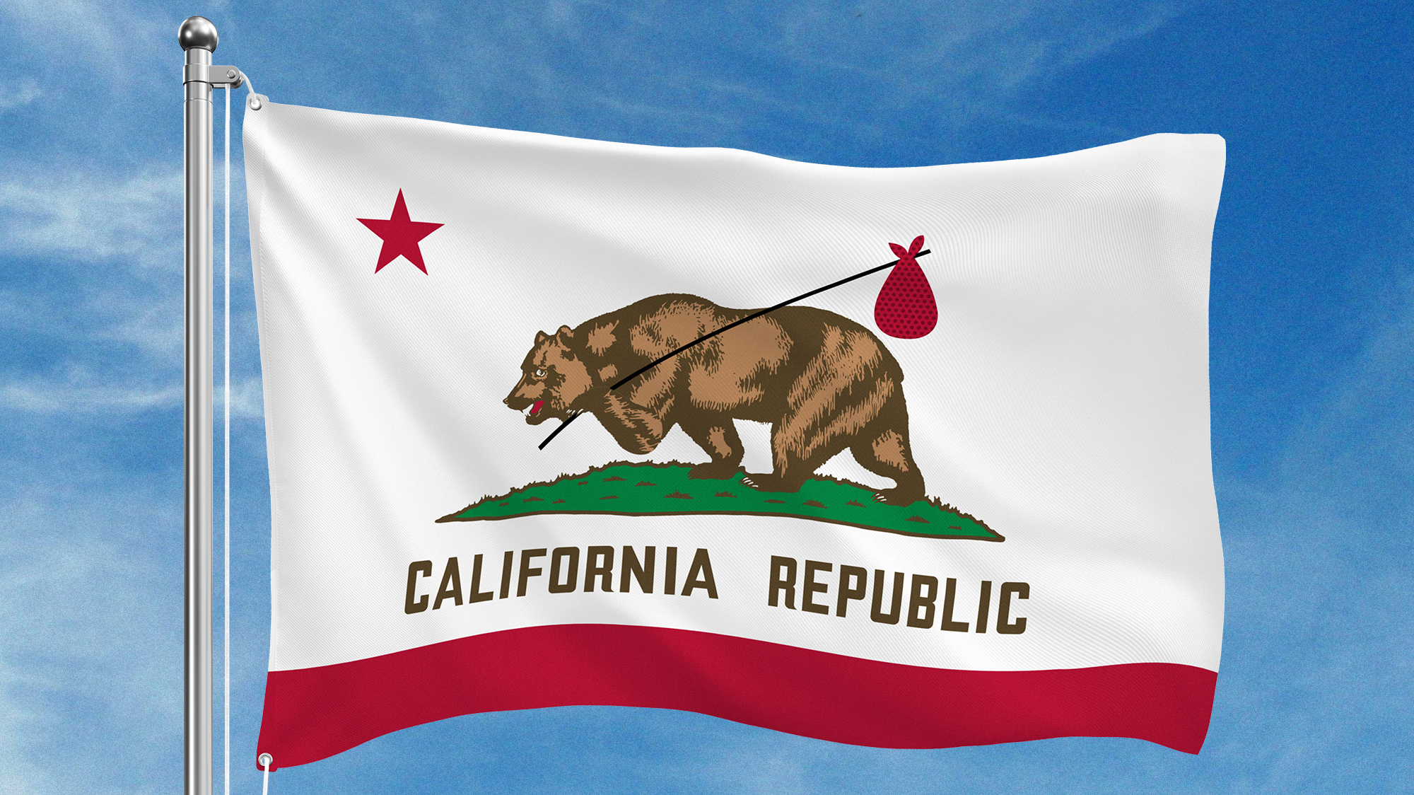 Photo illustration of the California state flag, with a brown bear on a mound of green grass, a red star, a red stripe on the bottom, and the words "California Republic." The bear has a stick and bundle over its shoulder and appears to be about to leave the scene.