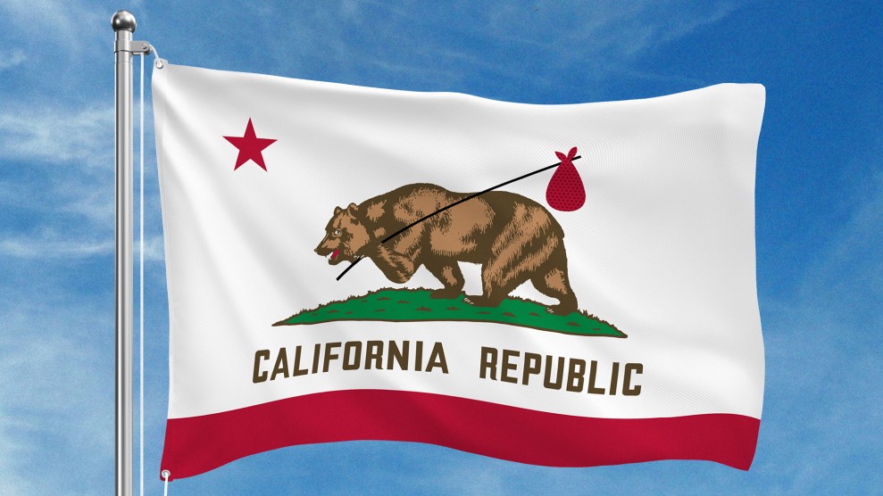 Photo illustration of the California state flag, with a brown bear on a mound of green grass, a red star, a red stripe on the bottom, and the words "California Republic." The bear has a stick and bundle over its shoulder and appears to be about to leave the scene.
