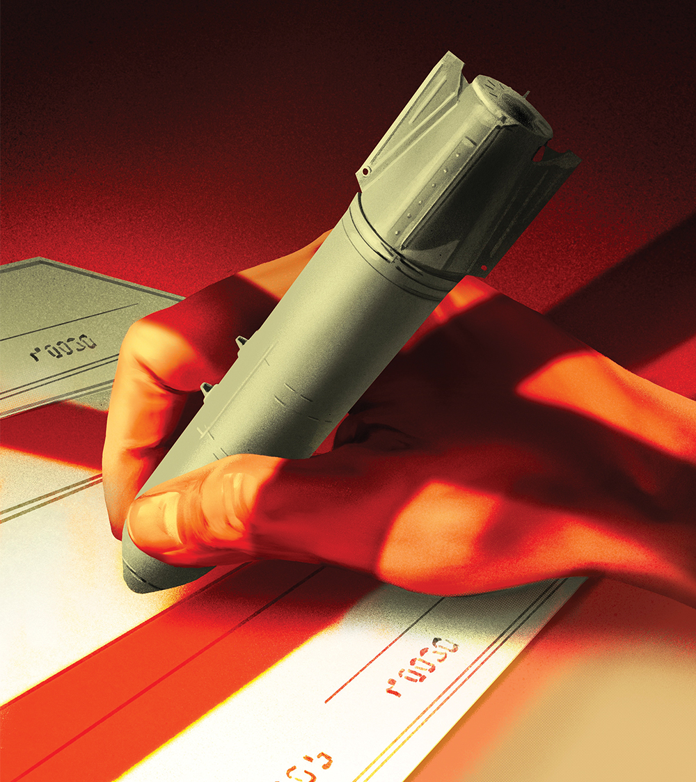 Illustration of a hand signing a large blank check; the pen in the hand is a missile.
