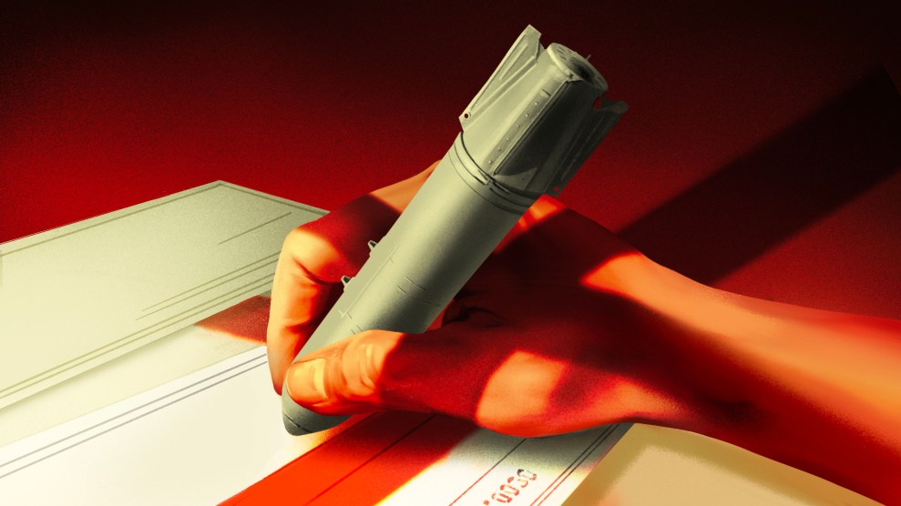 Illustration of a hand signing a large blank check; the pen in hand is a missile.