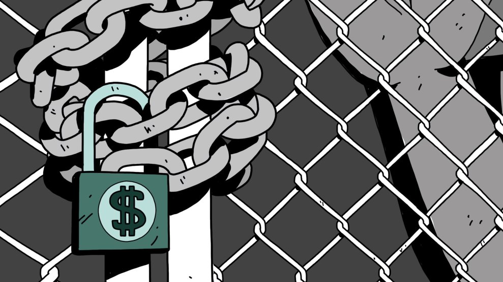 Illustration of a hand gripping a locked chain-link fence with a padlock shaped like a dollar sign.