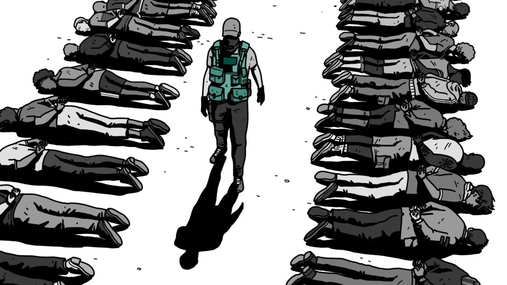 Illustration of a uniformed officer walking between two rows of people lying face down with their hands restrained behind their backs.