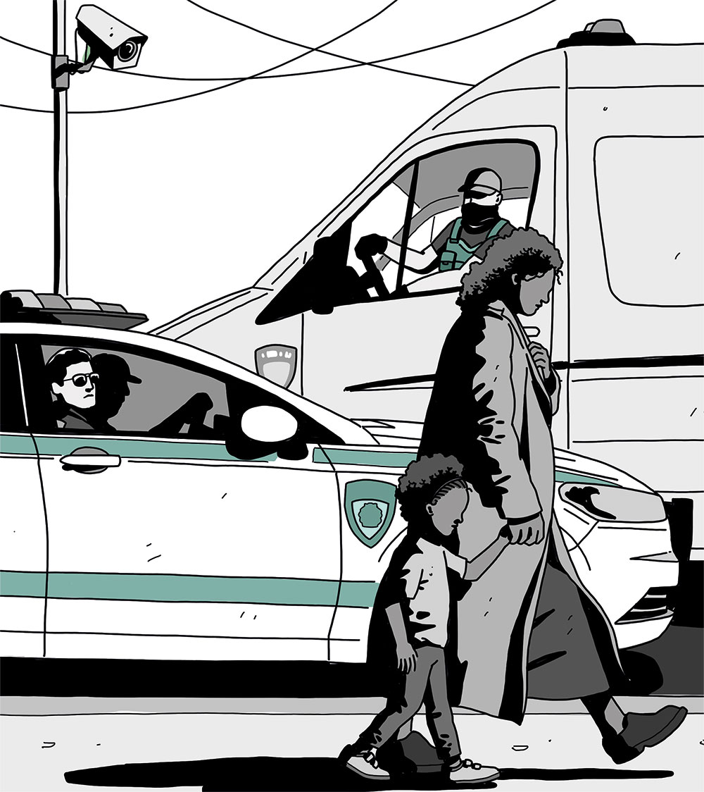 Illustration of a woman holding a child’s hand while walking past police vehicles and surveillance cameras, with officers watching from a car and a van.