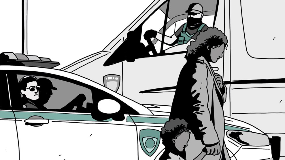 Illustration of a woman holding a child’s hand while walking past police vehicles, with officers watching from a car and a van.