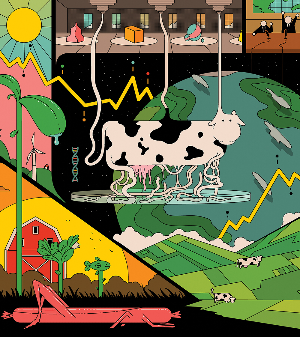 Illustration of a cow being made in a petri dish.