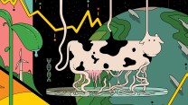 Illustration of a cow emerging from a petri dish as if grown there, with a view of the Earth from space in the background; to its left is a large plant in front of a wind farm.