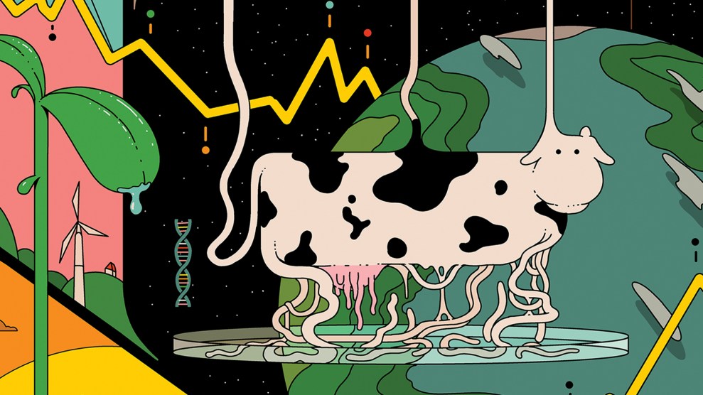 Illustration of a cow emerging from a petri dish as if grown there, with a view of the Earth from space in the background; to its left is a large plant in front of a wind farm.
