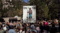 A group of protesters holds a sign with Smokey the Bear that says "Only You can Resist Facism"