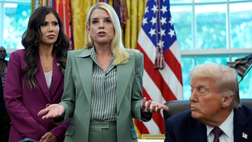 Attorney General Pam Bondi speaks as Homeland Security Secretary Kristi Noem and President Donald Trump listen in the Oval Office.