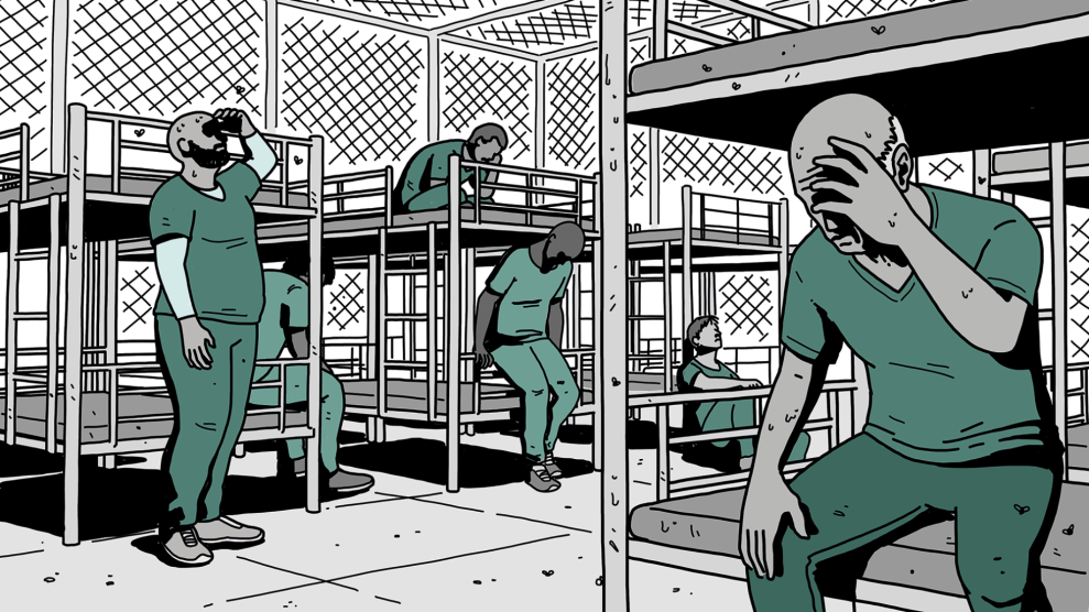 Illustration of detainees in green uniforms inside a crowded cell with bunk beds and chain-link walls, many holding or hanging their heads in distress.