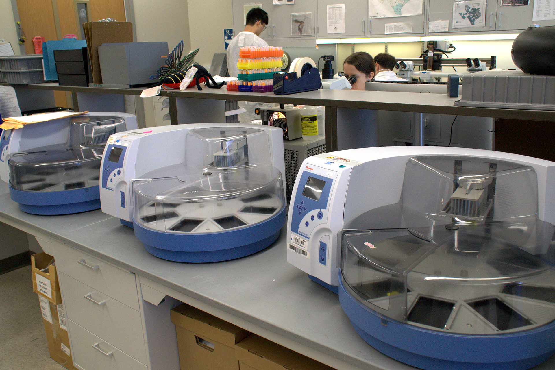 Circular lab equipment on a lab bench.