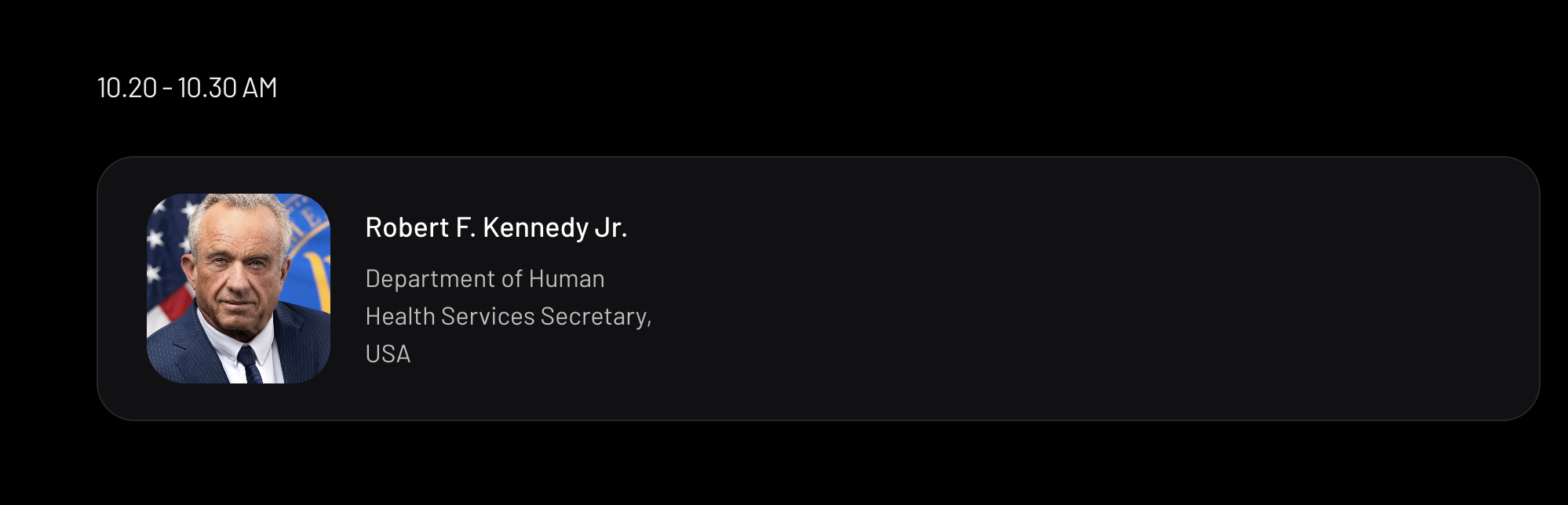 A screenshot showing the time slot in which Robert F. Kennedy Jr was meant to speak at the WCH conference; it has a picture of him next to the time, which reads 10:20-10:30