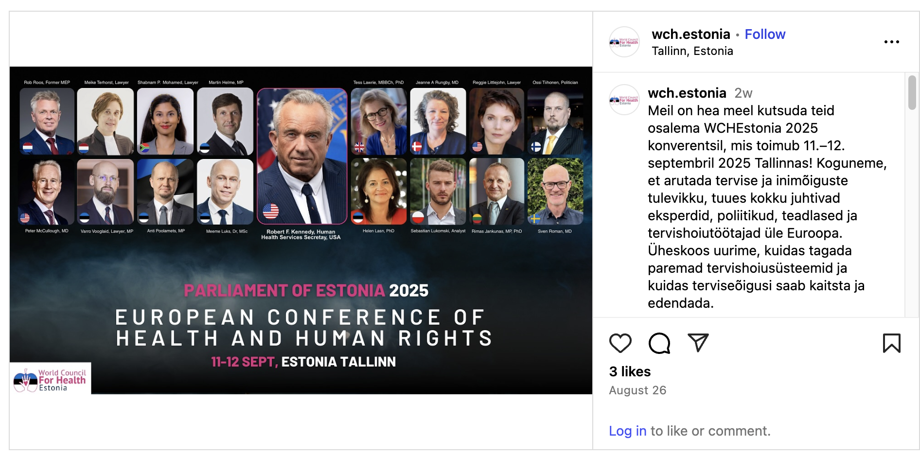 A screenshot from WCH Estonia's Instagram, which shows the speakers at the conference; a large picture of Kennedy is in the very middle. 