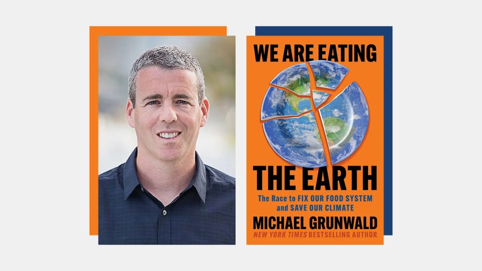 A photo of a white man with close cropped grey hair and a photo of a book that says "We Are Eating The Earth"