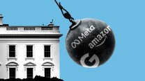 A wrecking ball covered in logos of tech companies like Google, Meta, and Amazon, swings towards the East Wing of the White House.