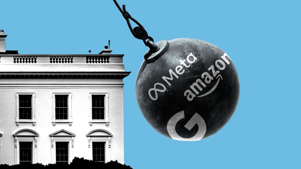 A wrecking ball covered in logos of tech companies like Google, Meta, and Amazon, swings towards the East Wing of the White House.