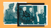A collage that features a photo of a man in his military uniform and a woman flanked by men in uniform. Overlaying them is a seal tha reads Federal Bureau of Investigation.
