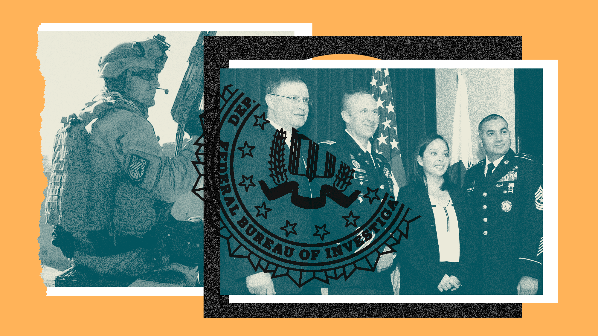 A collage that features a photo of a man in his military uniform and a woman flanked by men in uniform. Overlaying them is a seal tha reads Federal Bureau of Investigation.