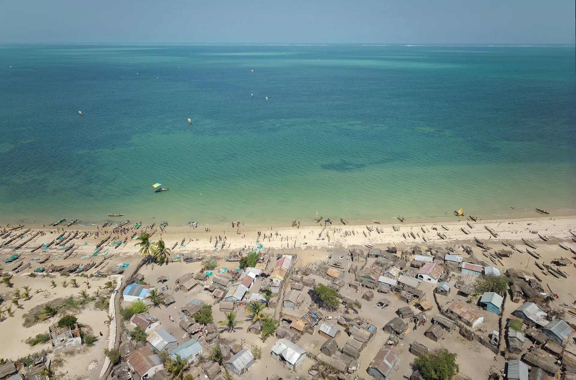 Aerial view of a beach town.