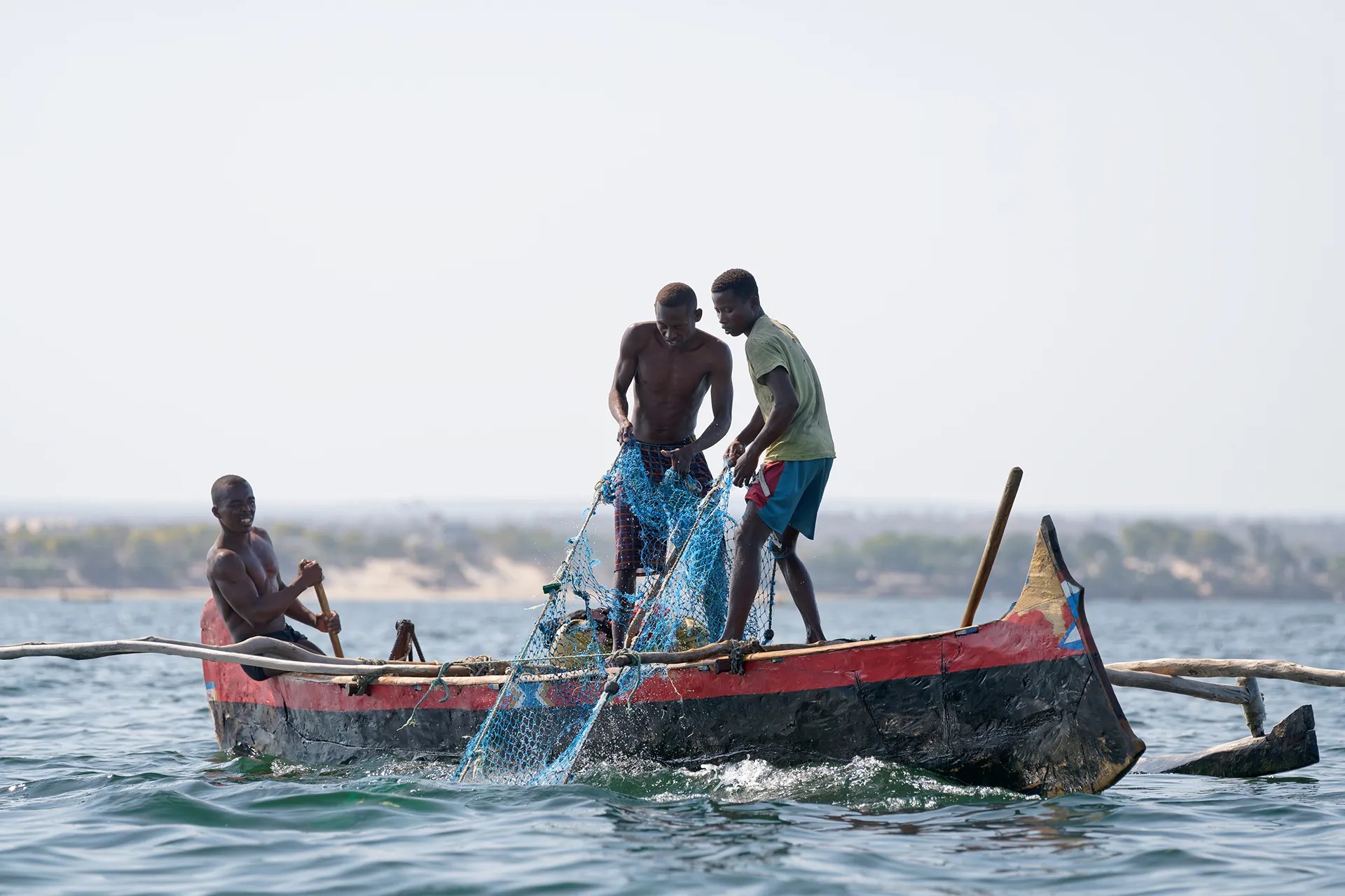 Men pull a net out of the water.