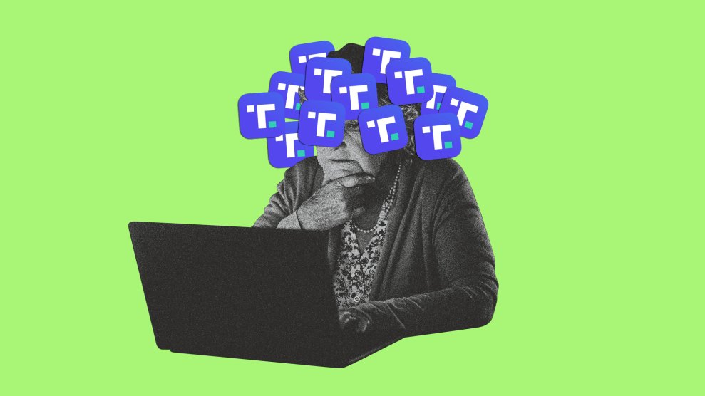 Photo illustration of an elderly woman at a computer, her face obscured by a dense cluster of Truth Social icons floating like a cloud.
