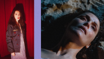 A diptych of director Mary Bronstein on the left and actress Rose Byrne on the right. Bronstein wears a dark jacket over a dress, standing against a red curtain. She has long, dark hair and has been photographed with a flash. Byrne is seen close up from the neck up, lying on a beach. She appears ashen, lips apart, with tears in her eyes. Her dark hair is wet, long, and curly.