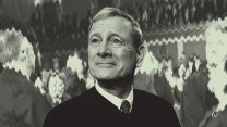 Photo of Justice John Roberts in his official judicial robes, looking off into the distance; behind him, the scene of people is distorted and twisted beyond recognition.