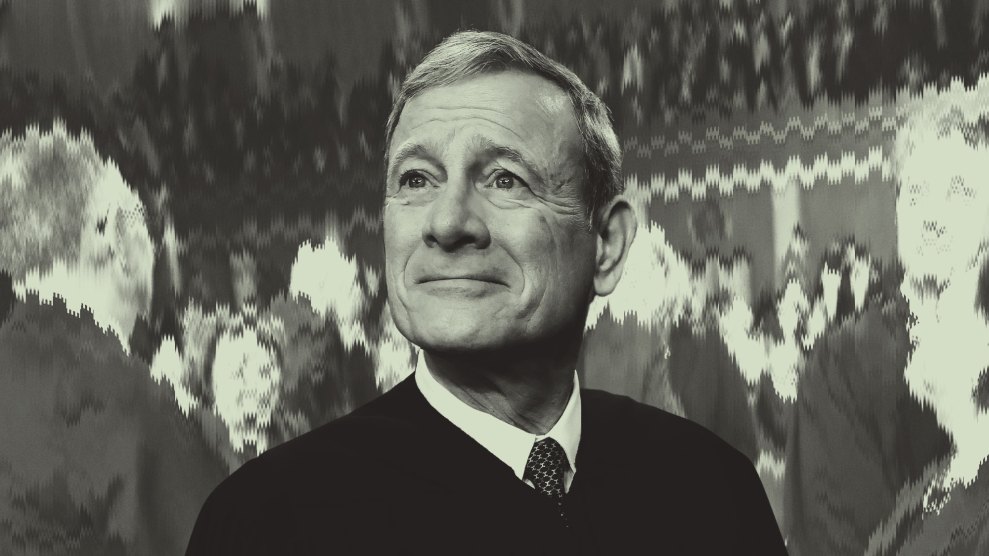 Photo of Justice John Roberts in his official judicial robes, looking off into the distance; behind him, the scene of people is distorted and twisted beyond recognition.