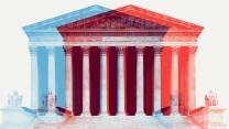 Photo illustration of the Supreme Court House; there are two copies of the building, one red and one blue, and they offset and overlaid on top of one another to indicate a shift/split and duality of the court.