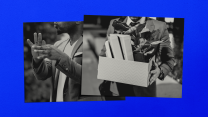 A diptych of black-and-white images on a dark blue background. On the left is a photo of an African American man in a suit signing with his hands. On the right is a photo of an African American man in a suit and tie carrying a cardboard box with files and plants.