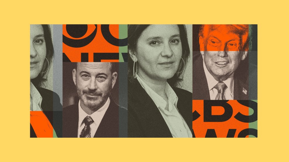A collage-style image with a yellow background and orange blocks showing pieces of the CBS News logo. The composition features three grayscale portrait photographs of Bari Weiss, Jimmy Kimmel, and Donald Trump.