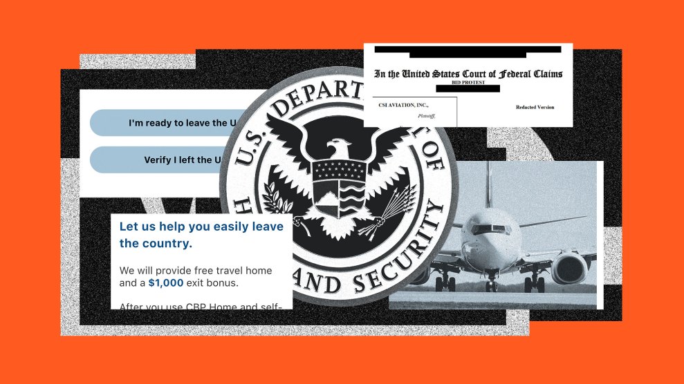 A collage-style image with an orange background featuring visual elements related to U.S. immigration and deportation. It includes the U.S. Department of Homeland Security seal, a photo of an airplane on a runway, a redacted federal court document titled “In the United States Court of Federal Claims,” and screenshots of website text with phrases like “Let us help you easily leave the country” and “I’m ready to leave the U.S.”