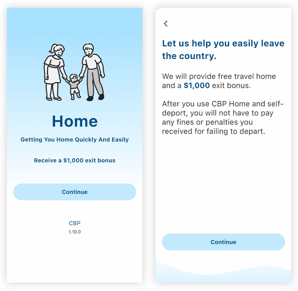 Alt text: A composite image of two smartphone screens showing an application to help people leave the country. The first screen, titled "Home," shows a line drawing of two adults and a child. Below the drawing, text reads: "Getting You Home Quickly And Easily" and "Receive a $1,000 exit bonus." A "Continue" button is at the bottom, along with the text "CBP 1.10.0." The second screen has a back arrow and the heading: "Let us help you easily leave the country." The body text states: "We will provide free travel home and a $1,000 exit bonus. After you use CBP Home and self-deport, you will not have to pay any fines or penalties you received for failing to depart." A "Continue" button is at the bottom.