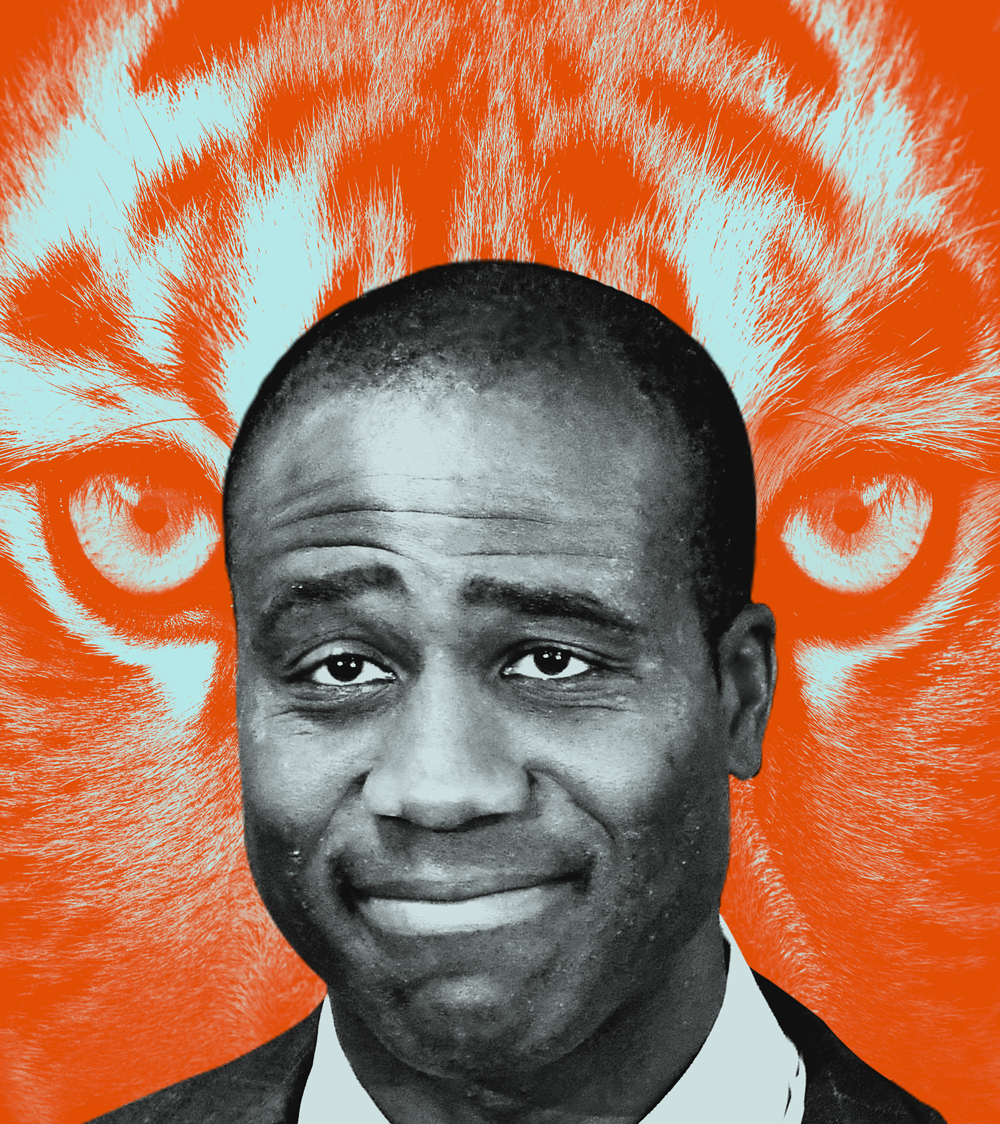 A photo illustration of a middle-aged African American man with a slight smile on his face with arched eyebrows. Behind his image is a close-up of the eyes of an orange and white tiger.