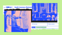 A collage that marries a photo of a woman in a doctor's office with a photo of members of Congress in the House of Representatives. Underlying the two photos are slivers of Form 1095-A, the Health Insurance Marketplace tax statement.