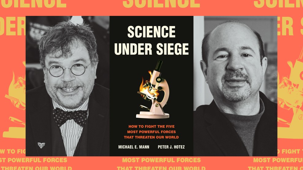 Collage of scientists Michael Man, a balding middle aged man, and Peter Hotez, a bespectacled man in a suit, alongside the cover of their new book "SCIENCE UNDER SIEGE"
