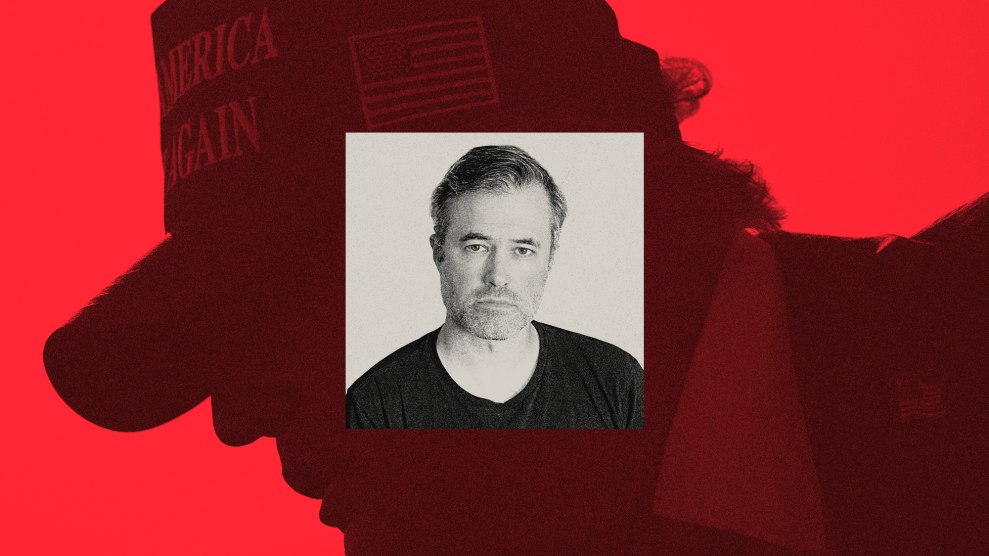 A small photo of a man with dark wavy hair and stubble wearing a black t-shirt overlays a larger photo of Donald Trump, who is leaning to our left menacingly as he wears his "Make American Great Again" baseball cap.