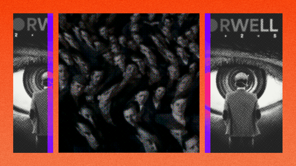An off-center triptych that centers warped faces in a crowd of people. On both sides of the crowd of faces are slivers of the movie poster for "Orwell" which shows a man in a suit jacket staring into a huge eye.