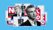 A collage with black-and-white photos of Gavin Newsom and Donald Trump surrounded by political yard signs reading “YES on 50” and “NO on 50.”