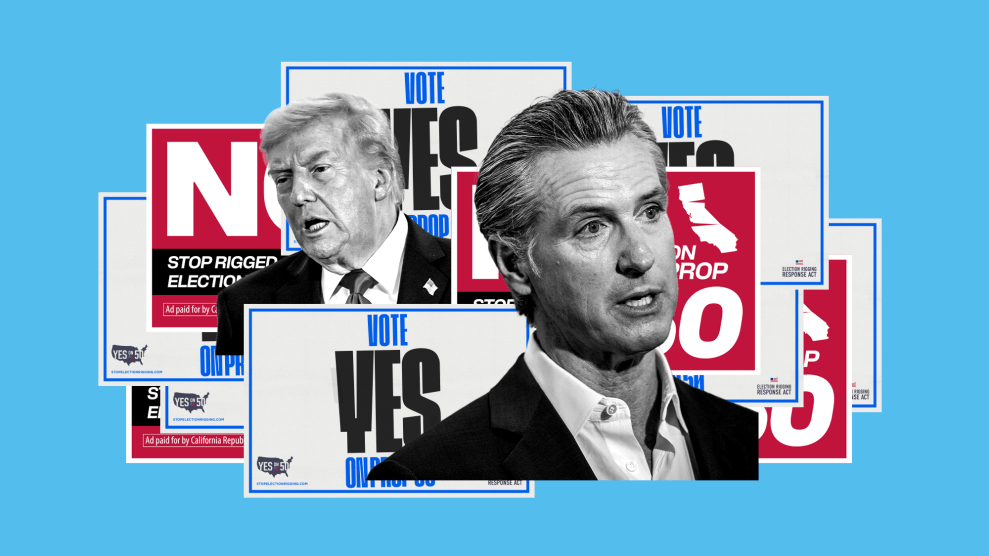 A collage with black-and-white photos of Gavin Newsom and Donald Trump surrounded by political yard signs reading “YES on 50” and “NO on 50.”