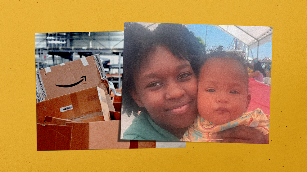 A collage that features a photo of a young African American woman holding her toddler as they look into the camera overlaying a photo of discarded boxes inside an Amazon warehouse.