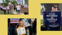 Photo collage of protestors from the "No Kings" rally, including a young girl, an older Vietnam veteran, and a group of community members, ranging in age from young to old.