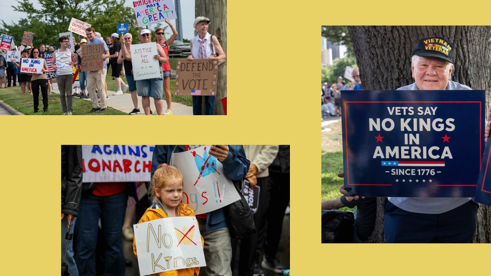 Photo collage of protestors from the "No Kings" rally, including a young girl, an older Vietnam veteran, and a group of community members, ranging in age from young to old.
