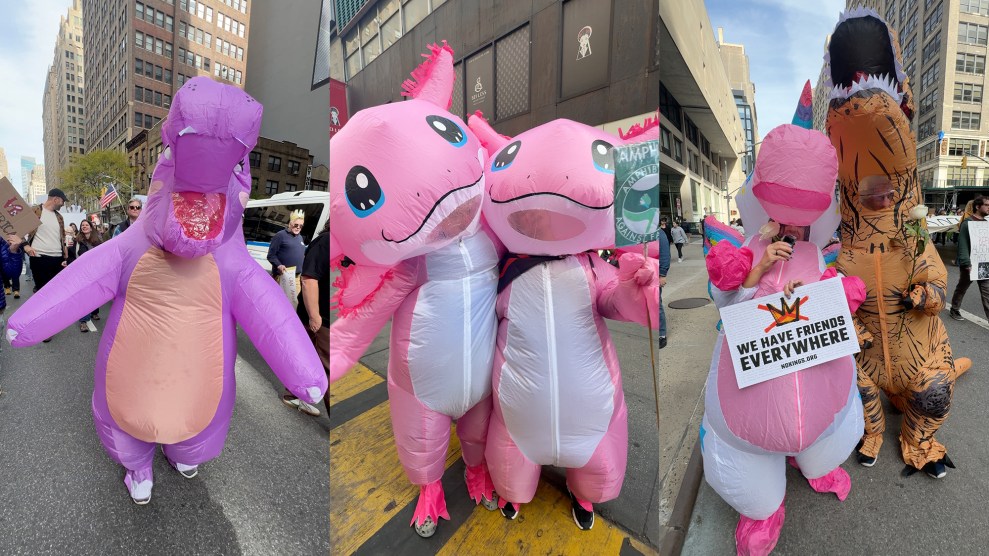 Three photos side by side show protesters in colorful inflatable animal costumes marching in Manhattan during the nationwide No Kings rallies. On the left, a person in a giant pink-and-purple rhino suit walks down Seventh Avenue among other demonstrators. In the center, two people dressed as bright pink axolotls pose together, one holding a small green flag that reads “Amphibians Against Fascism.” On the right, a person in a pink-and-blue unicorn inflatable holds a sign saying “We Have Friends Everywhere – nokings.org,” standing beside another protester in an orange dinosaur suit. Tall city buildings line the streets behind them.
