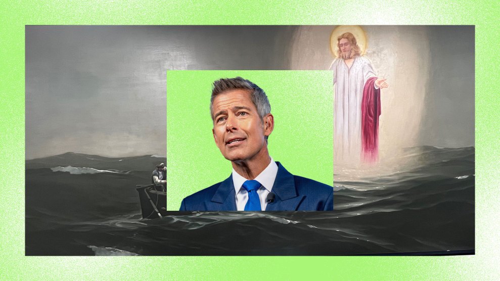 Collage of a man in a blue suit over a painting of Jesus on the sea, on a neon green background.